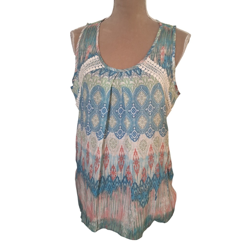 Spense Women Blue Ikat Medallion Lace Sleeveless Tie Hem Blouse Top Large New